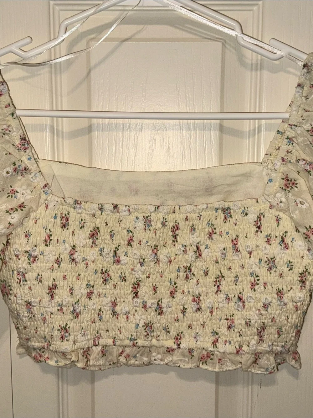 Altar'd State Cream Floral Square-Neck Crop Top with Pink & Green Accents